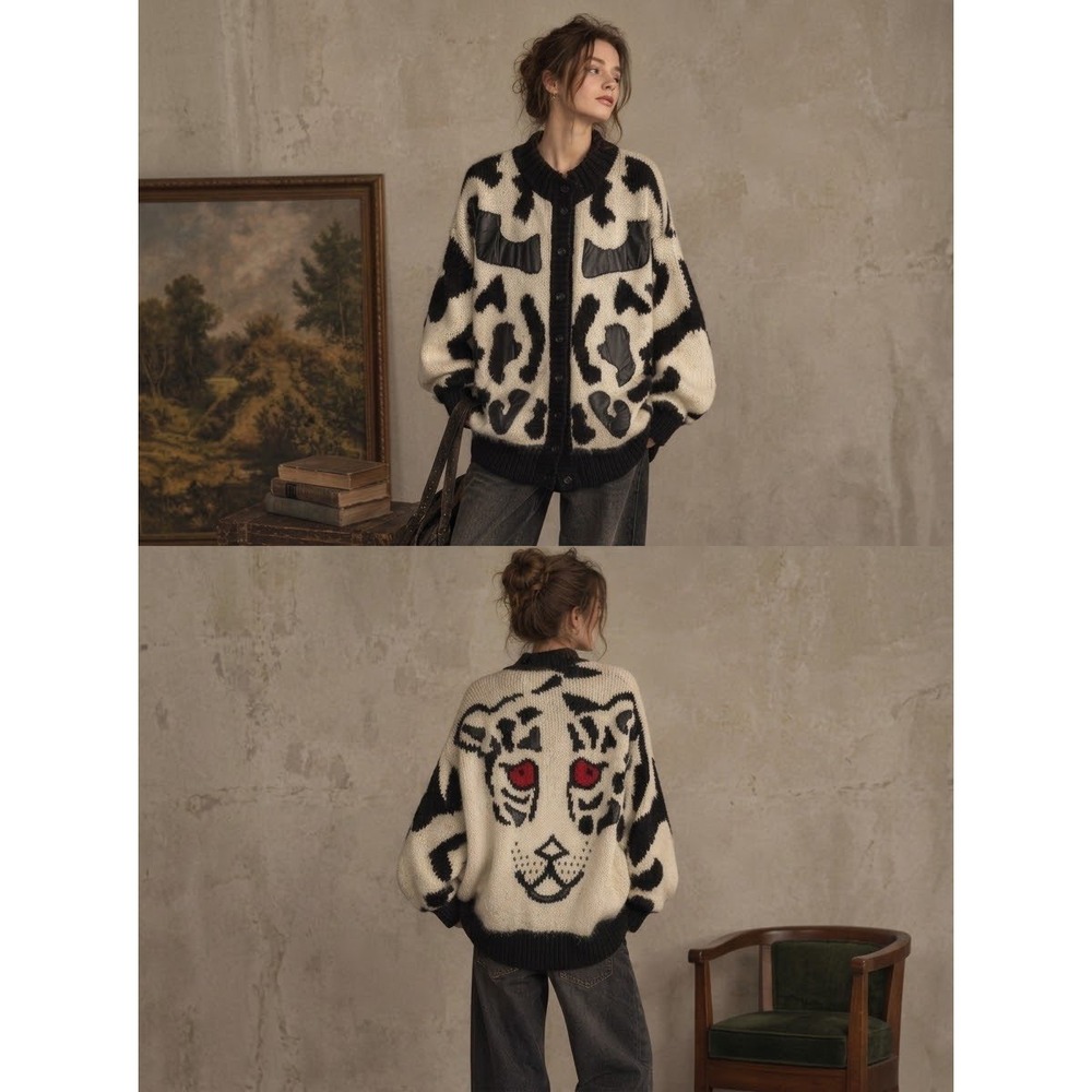 Vtg 90s Cardigan Women S M Oversized Wool Animal Print Cat Unique Avant Garde